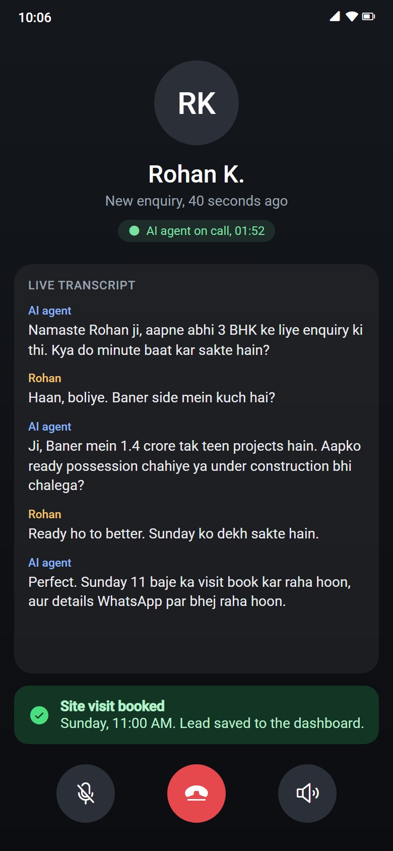 Live AI call with a Hindi transcript that ends with a booked site visit