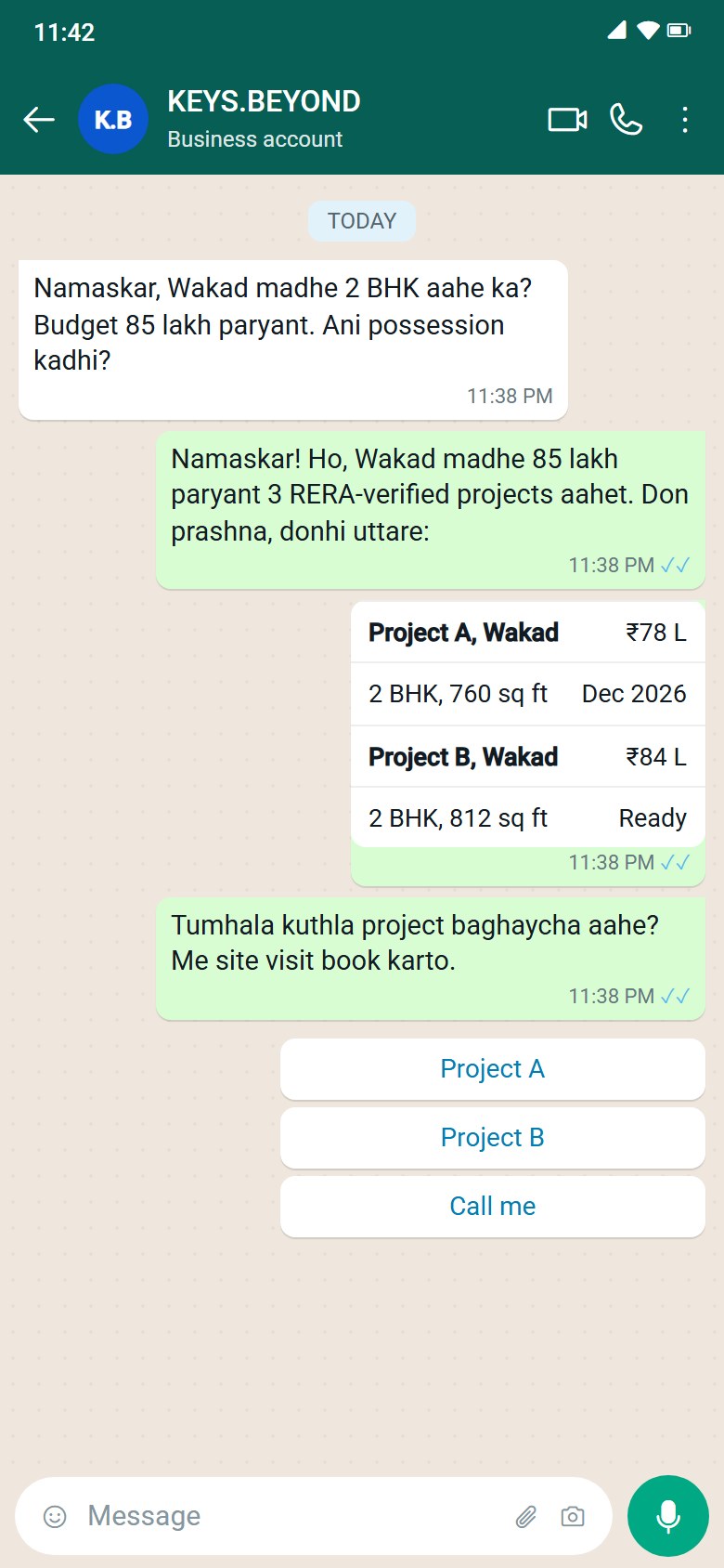 WhatsApp chat: a buyer asks in Marathi for a 2 BHK in Wakad and gets two matching projects