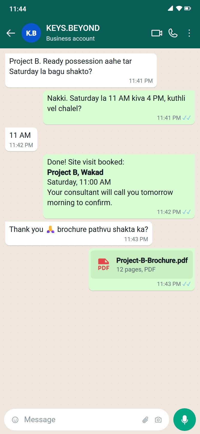 WhatsApp chat: the site visit is booked and the brochure is sent